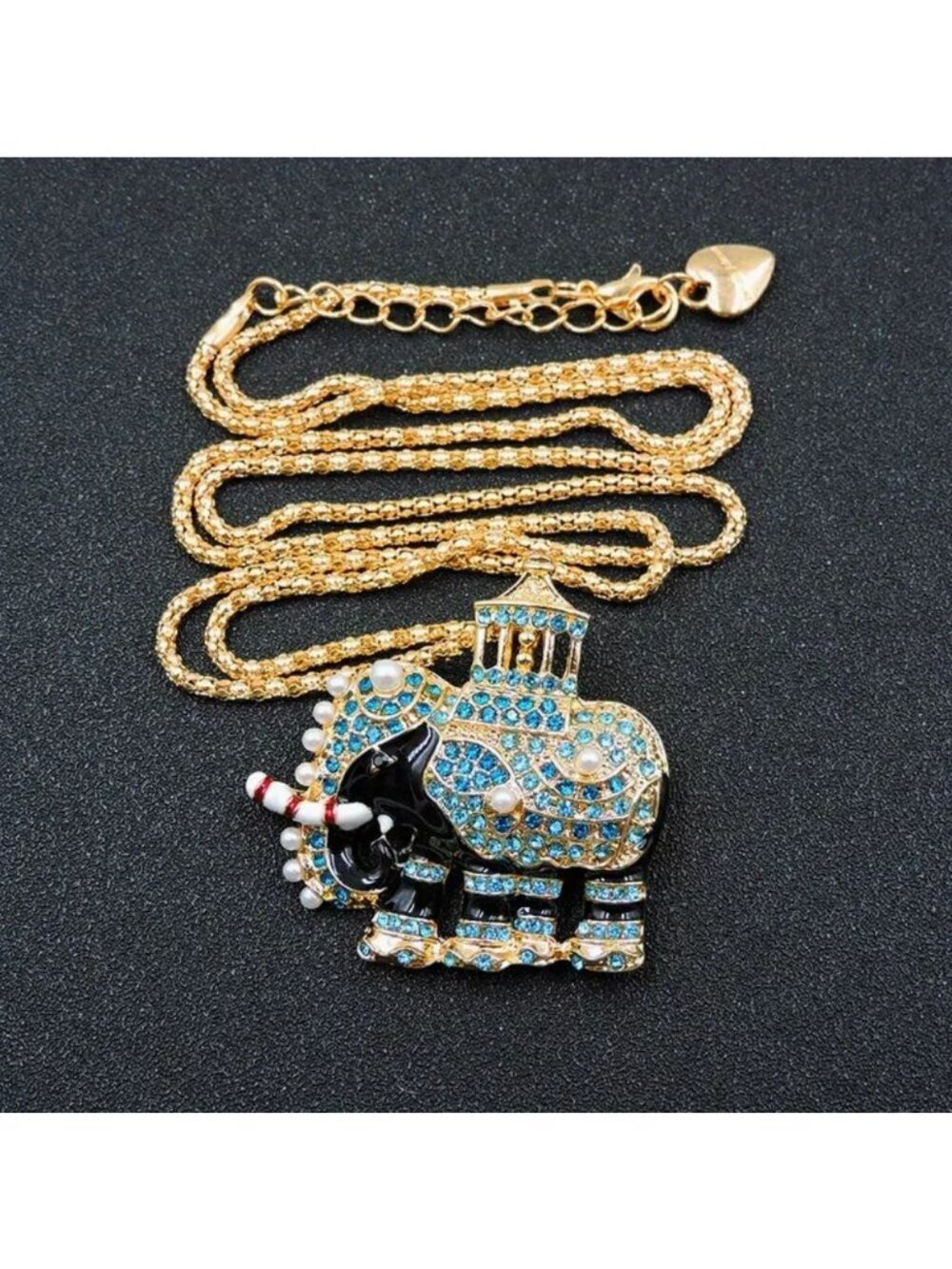 Necklace Imitation Pearl & Blue Crystal Elephant Pendant Gold Tone